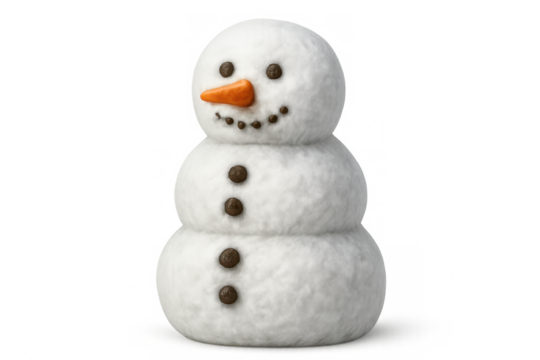 Cheerful snowman rendering with carrot nose, coal buttons, standing against transparent backdrop, ideal for festive holiday design