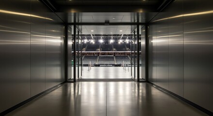 A look down a stadium sports corridor through open glass doors to a lit arena in the distance