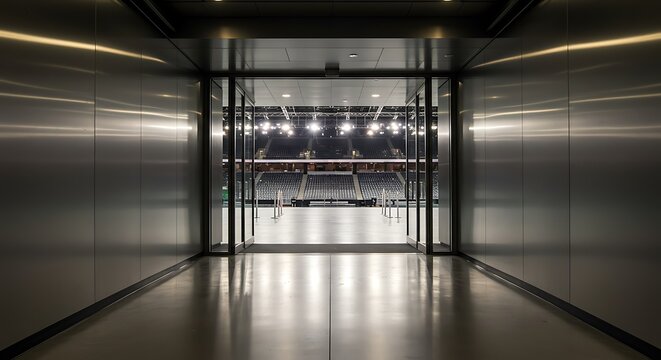A look down a stadium sports corridor through open glass doors to a lit arena in the distance - Powered by Adobe