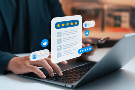 Customer review and satisfaction feedback, showing businessman using laptop and smartphone with five-star rating, checklist, thumbs up icons, online service evaluation, digital reputation management.