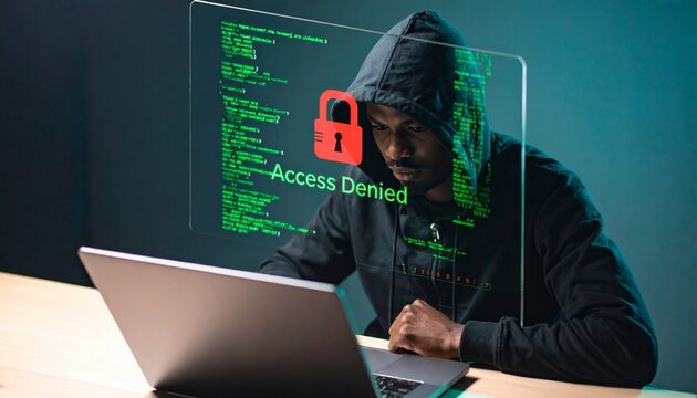 cybersecurity risks, antivirus protection, cyber attacks, and sensitive data defense. protection breach, Blocked access Denied. Red lock warning on computer.