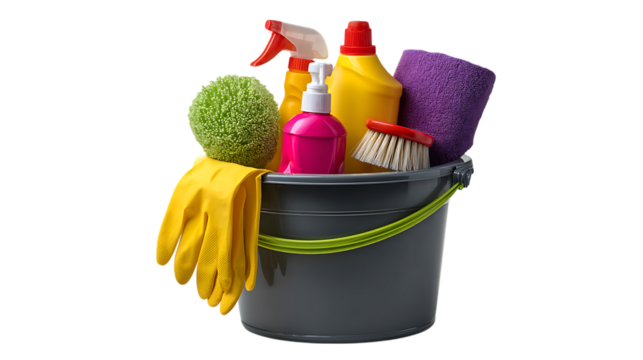 A gray cleaning bucket filled with yellow gloves a green scrub brush pink soap dispenser yellow spray bottle and a purple towel isolated on transparent background