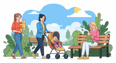 Naklejka premium Adobe illustrator artwork vector illustration of group of mothers in park, chatting and bonding in a vibrant outdoor setting—ideal for parenting, community, lifestyle, and friendship themes