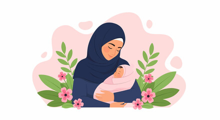 Adobe Illustrator artwork vector illustration of a loving mother hugging her baby, surrounded by floral elements, symbolizing warmth, care, and maternal love—perfect for family-themed designs.