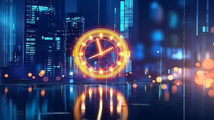 Neon clock glowing amidst a futuristic city skyline at night, reflecting on a serene water surface - Powered by Adobe
