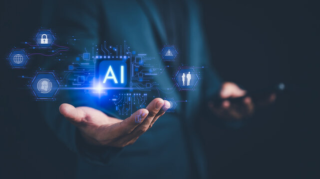 Businessman holding a digital AI interface with icons data, privacy, fingerprint scan, people, and cybersecurity. AI agent and assistant concept of artificial intelligence and digital protection.