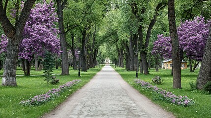 A paved path winds through a park lined with trees and blossoms.