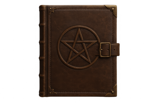 Closed magic book with pentagram and metal clasp isolated on transparent background, perfect for fantasy or historical projects