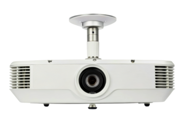 White digital projector attached to a ceiling mount isolated with transparent background