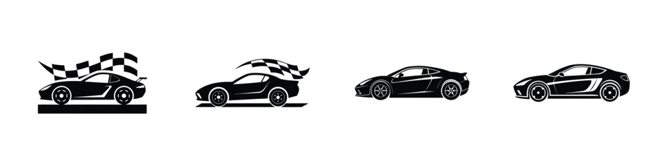 Stylish Profile View of Sculpted Sports Car Soaring Past Finish Line Flat Silhouette on White Background