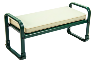 Padded garden kneeler and seat made of green metal isolated with transparent background