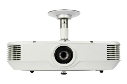 White digital projector attached to a ceiling mount isolated with transparent background
