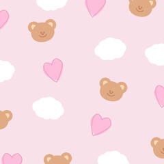 Illustration of teddy bear, heart, cloud on pastel pink background for wallpaper, backdrop, spring, summer, fabric, garment, textile, duvet, pyjamas, paper, book cover, animal print, Valentine's Day
