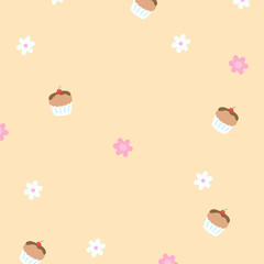 Illustration of cupcake, flowers on pastel orange background for wallpaper, backdrop, floral print, spring, summer, fabric, garment, textile, duvet, pyjamas, paper, book cover, sweet dessert, apron