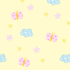 Illustration of flowers, butterfly, cloud on yellow background for wallpaper, backdrop, floral print, spring, summer, fabric, garment, textile, pyjamas, paper design, book cover, nature, garden