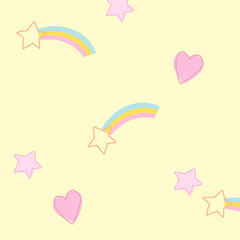 Illustration of rainbow, star, heart on yellow background for wallpaper, backdrop, floral print, spring and summer, fabric, garment, textile, duvet, pyjamas, paper design, book cover, nature, garden