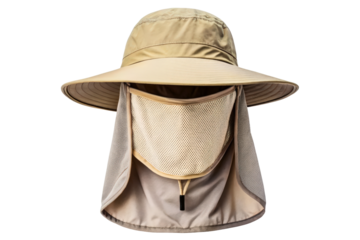 Beige sun protection hat with a mesh face and neck cover isolated with transparent background