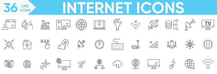 Internet icon Vector and illustrator set.Website, server, web design, network, Wi Fi, browser, cloud, download, upload, search, firewall and more.