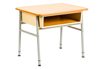 Vintage style wooden school desk with adjustable metal legs isolated with transparent background
