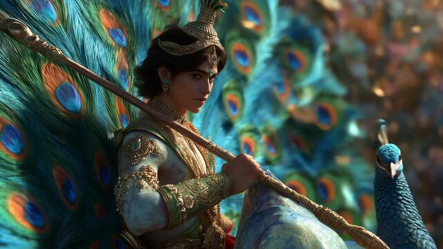 Photorealistic depiction of Kartikeya, the Hindu god of war, majestically riding a peacock, surrounded by vibrant colors and ethereal beauty, evoking a sense of divine power and grace. 