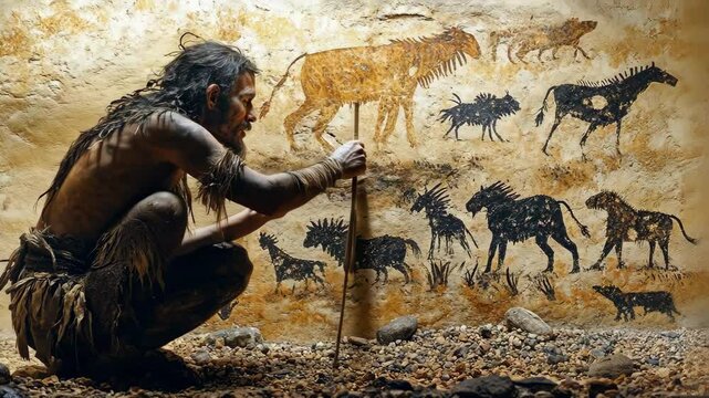 A prehistoric man observes cave paintings of ancient animals.