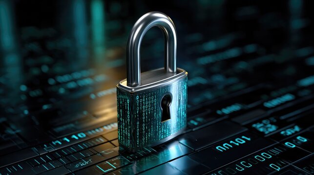 A digital padlock glowing softly in shades of blue and green