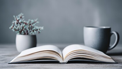 Naklejka premium Peaceful Morning Reading with Steaming Mug Nearby
