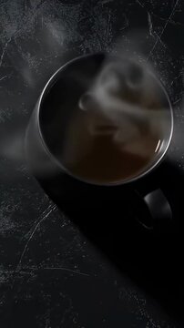 Cup of morning black coffee on dark background tabletop in a black mug with steam coming from the cup