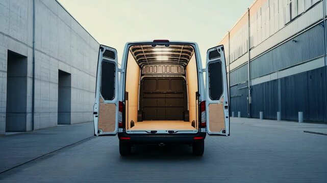 A spacious cargo van ready for transport in an industrial setting.