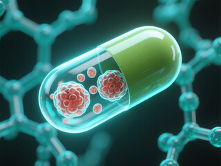 capsule, cells, 3d_render, biotechnology, molecular, science, innovation, glowing, depth