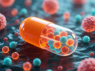 capsule, cells, 3d_render, biotechnology, molecular, science, innovation, glowing, depth