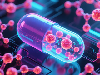 capsule, cells, 3d_render, biotechnology, molecular, science, innovation, glowing, depth