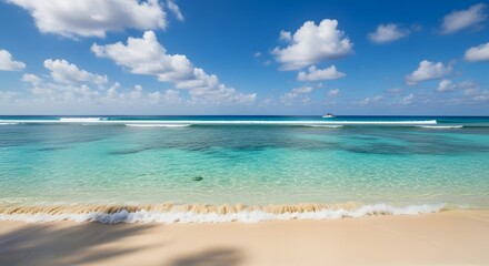 Stunning Turquoise Ocean Beach Scene with Gentle Waves and Fluffy Clouds