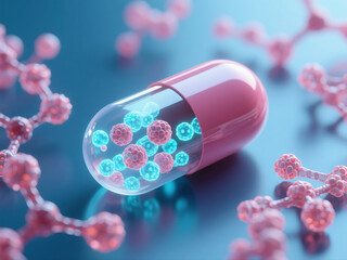 capsule, cells, 3d_render, biotechnology, molecular, science, innovation, glowing, depth