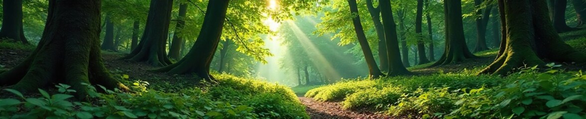 Tranquil Sun-Dappled Forest Lush Undergrowth, Ancient Trees, and Untouched Wilderness
