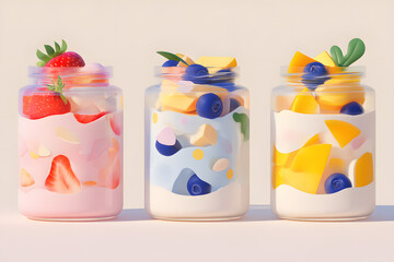 Fototapeta premium 2D minimal vector illustration of three glass jars with overnight oat milk , topped with fruits.