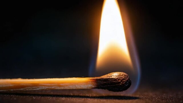 Close-up of a lit match with a bright flame on a dark background