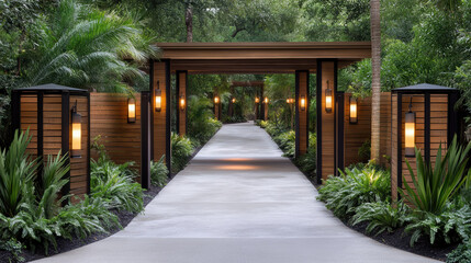 Obraz premium Serene walkway surrounded by lush ferns and warm lighting creates tranquil atmosphere