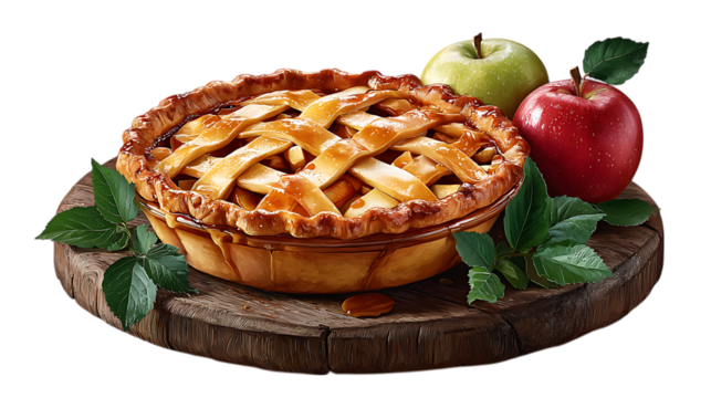 Delicious golden brown lattice top apple pie with fresh red and green apples and green leaves isolated on transparent background