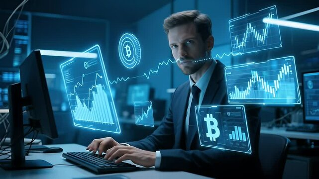 A professional businessman in a suit typing on a keyboard in a modern office setting. Floating around him are futuristic holographic-style financial graphs, blockchain data streams - Powered by Adobe
