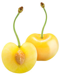 Yellow and Red Cherry isolated on white background, Yellow and Red Cherry on White Background With clipping path PNG file.