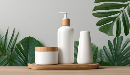 White cosmetic bottles and jar on wooden tray, surrounded by lush green foliage