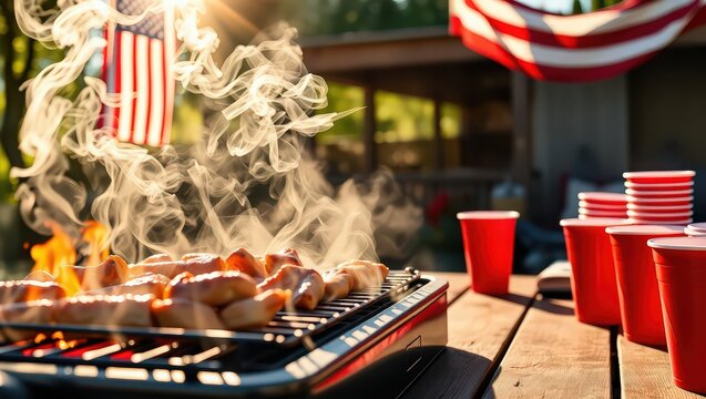 Grilling burgers with american flags and red cups for a patriotic fourth of july celebration scene