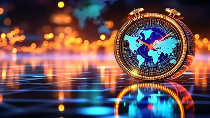 Futuristic clock displaying a world map, reflecting lights on a digital surface with vibrant colors - Powered by Adobe