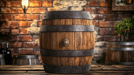 Fototapeta premium Aged wooden barrel on rustic table