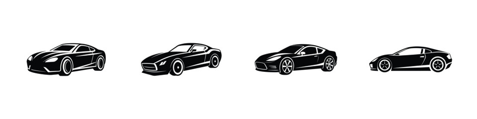 Artistic depiction of a sleek sports car cornering at a drift angle Flat Silhouette on White Background