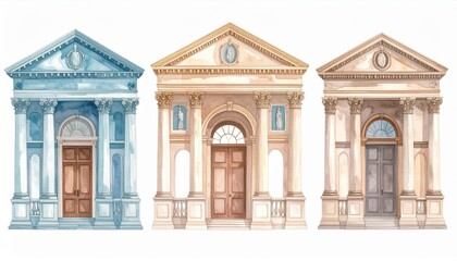 Obraz premium Watercolor Architectural Illustrations of Classic Doors with Intricate Details and Unique Designs in Three Distinct Styles
