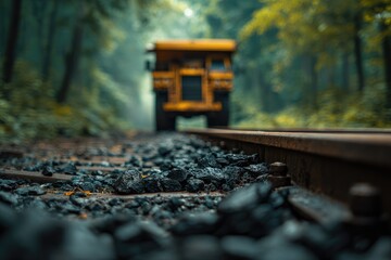 Yellow dump truck on railway tracks in a misty forest