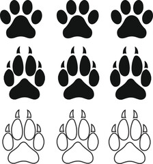 Collection of black and white paw print icons representing different animals and styles