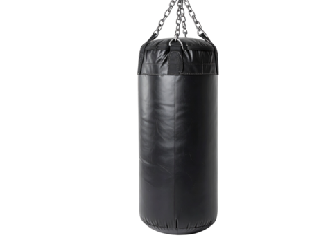 Black heavy punching bag for boxing training and fitness workout gear on transparent background